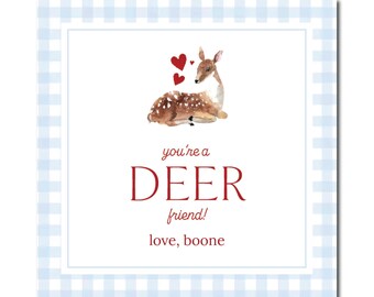 DIGITAL DOWNLOAD: Customizable Valentines Card, kids, school, deer friend, blue