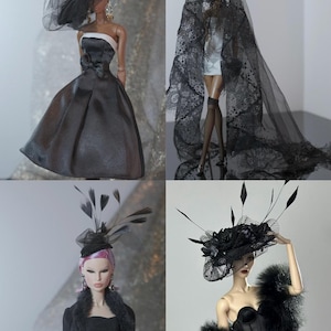 May include: Four images of fashion dolls in black outfits. The dolls are adorned with elaborate hats featuring feathers and netting, alongside gowns, dresses, and a feathered wrap. The ensembles display a refined, formal aesthetic.