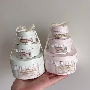 Può includere: Due scatole rotonde a più livelli in colori pastello, una verde menta e una rosa, con finiture a balze bianche e manici a nastro color crema. Ogni scatola ha un'etichetta vintage con testo. Le scatole sono impilate e legate insieme.