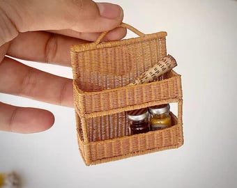 Dollhouse Miniature Woven Rattan Wall Hanging Basket | 2-Tier Wall Storage Organizer
