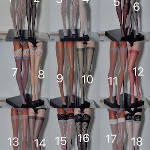 May include: Eighteen pairs of thigh-high stockings in diverse colours and patterns. The stockings are displayed on mannequins, showcasing designs including polka dots, lace, and fishnet. Each pair is numbered for easy selection.