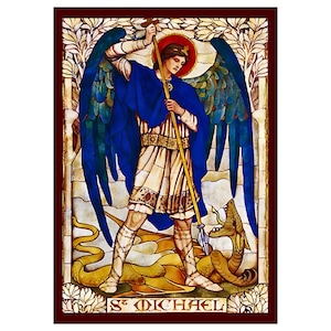 May include: Stained glass artwork showing St. Michael, with blue wings and a blue cloak, holding a spear over a serpent. The artwork features a red halo and the text "ST MICHAEL" at the bottom, framed by a decorative border.