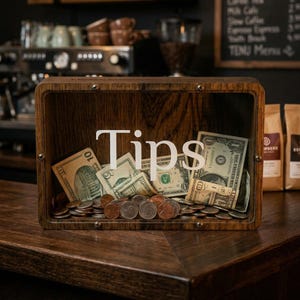Puede incluir: Una caja de propinas rectangular de madera con un panel frontal transparente que muestra el texto blanco Tips. El interior contiene una colecci&oacute;n de billetes y monedas de metal variados que descansan en el fondo del marco de madera oscura.