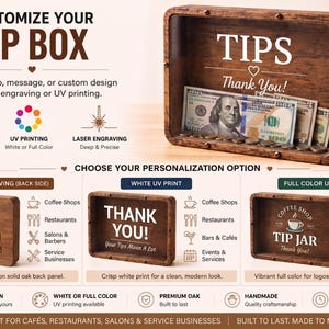 Puede incluir: Una caja de propinas rectangular de madera con un panel frontal transparente, con el texto TIPS y Thank You. La caja contiene billetes y monedas. La imagen muestra opciones de personalizaci&oacute;n mediante grabado l&aacute;ser e impresi&oacute;n UV.