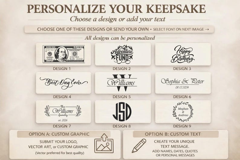 May include: A digital display titled PERSONALIZE YOUR KEEPSAKE featuring nine distinct black and white design options for customization. The options include a 100 dollar bill graphic, various calligraphic text styles, monograms, and floral wreaths.