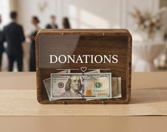 Personalized Donation Box, Oak Wood Fundraising Container With Glass Front, Custom Engraved Charity Collection