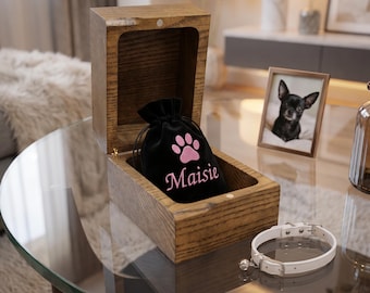 Caja conmemorativa de roble macizo para mascotas: urna marrón oscuro para cenizas, pelo o collar (personalizada).
