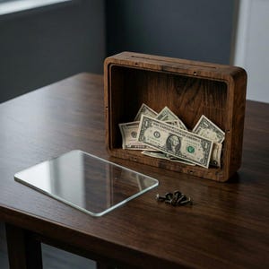 Puede incluir: Una caja expositora rectangular de madera con acabado marr&oacute;n oscuro, que presenta una ranura en la parte superior y un frente abierto que contiene varios billetes de un d&oacute;lar. Un panel de vidrio rectangular transparente y cinco peque&ntilde;os tornillos met&aacute;licos se encuentran frente a la caja.