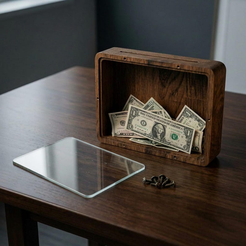 Puede incluir: Una caja expositora rectangular de madera con acabado marr&oacute;n oscuro, que presenta una ranura en la parte superior y un frente abierto que contiene varios billetes de un d&oacute;lar. Un panel de vidrio rectangular transparente y cinco peque&ntilde;os tornillos met&aacute;licos se encuentran frente a la caja.