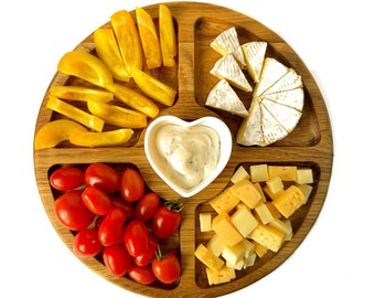 Round Serving Board - Handmade Natural Oak Charcuterie Board with 5 Compartments, Food-Safe Oil Finish – Perfect for Bread, Cheese, Snacks
