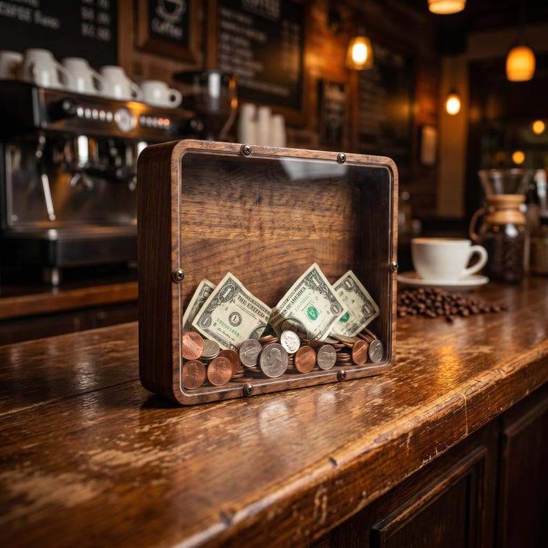 Puede incluir: Una caja expositora rectangular de madera con un panel frontal transparente, que contiene varios billetes de un d&oacute;lar y diversas monedas de metal. El marco es de madera oscura con veta visible y est&aacute; sujeto por cuatro tornillos met&aacute;licos.