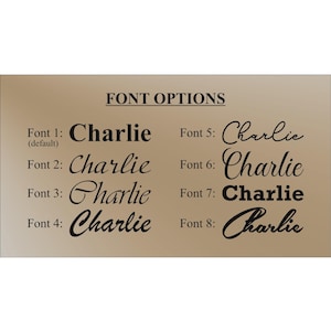 May include: A tan background displays eight font options for the name "Charlie." The fonts vary in style, from classic serif to elegant cursive. The text "FONT OPTIONS" is at the top.