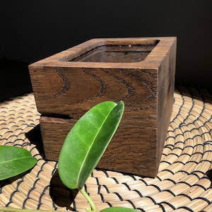 May include: A dark brown wooden box with a rectangular aperture. The box displays a visible wood grain pattern. A green leaf is in the foreground, adding a natural element. The box is likely for storage or display, possibly a decorative item.