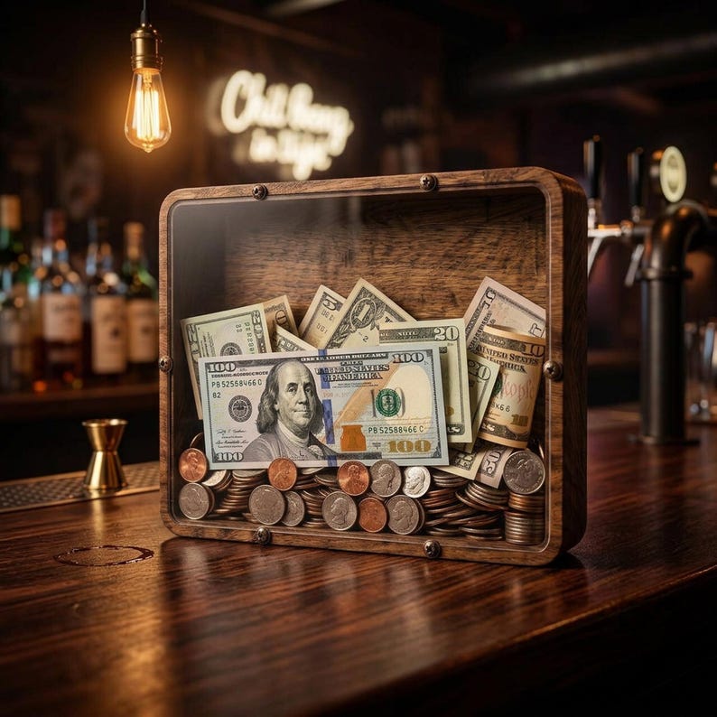 Puede incluir: Una caja expositora rectangular de madera con un panel frontal transparente, llena de billetes y monedas de Estados Unidos. La caja presenta tornillos visibles en las esquinas y contiene diversas denominaciones de billetes y monedas.