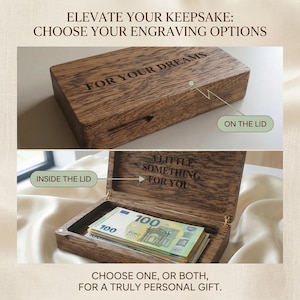 May include: A rectangular wooden box with a dark brown grain. The lid is engraved with the text FOR YOUR DREAMS. The interior of the lid features the engraving A LITTLE SOMETHING FOR YOU. The box contains a stack of 100 Euro banknotes inside.