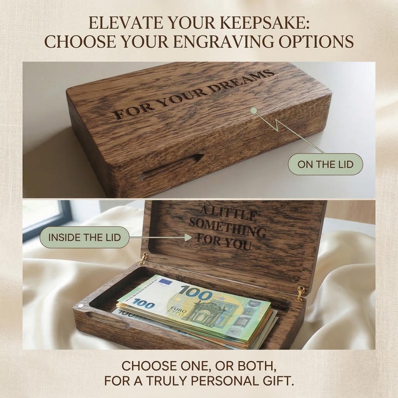 May include: A rectangular wooden box with a dark brown grain. The lid is engraved with the text FOR YOUR DREAMS. The interior of the lid features the engraving A LITTLE SOMETHING FOR YOU. The box contains a stack of 100 Euro banknotes inside.