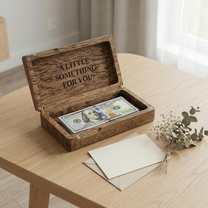 May include: A rectangular wooden box with a hinged lid, featuring the engraved text A LITTLE SOMETHING FOR YOU on the inside. The box contains a stack of United States one hundred dollar bills, and a blank cream-colored envelope sits nearby.