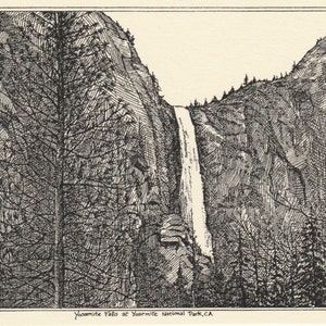 Yosemite Falls-This 6-pack of blank, ivory notecards w envelopes features an ink drawing of Yosemite Falls at Yosemite National Park, CA