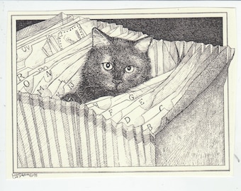 File Cat- This 6-pack of blank, ivory cards with matching envelopes features a pen-and-ink drawing of a cat, hiding in a file folder.