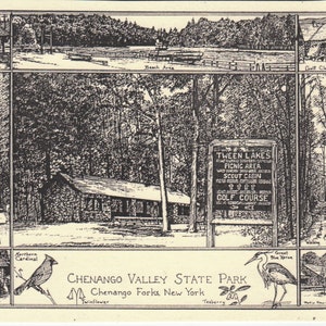 May include: A black and white illustration of a park map with a sign that reads "Tween Lakes Picnic Area Scout Cabin Golf Course". The map shows a walking trail, a beach area, a nature center, and a golf clubhouse. The text "Chenango Valley State Park Chenango Forks, New York" is at the bottom of the map.