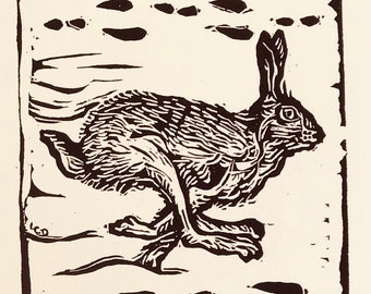 Brown Hare (Lepus europaeus) set of 6 blank, ivory notecards with envelopes created, carved and printed by LC DeVona