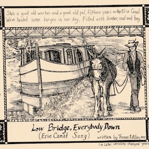 Low Bridge Everybody Down(Erie Canal Song):6-pack of blank, ivory cards w envelopes drawn by LC DeVona of Farmhouse Greetings