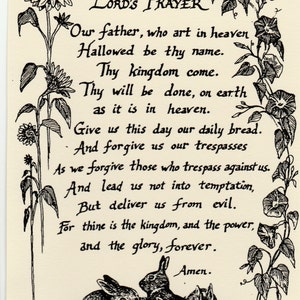 Lord&#39;s Prayer -This blank, ivory 6-pack of notecards w env shows LC DeVona&#39;s illustrated Lord&#39;s Prayer w flowers, bunnies and hummingbird