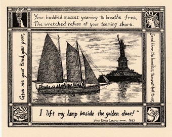 Welcoming scene of Lady Liberty and the schooner Adirondack in NY harbor:6-pack of blank, ivory notecards with envelopes drawn by LC DeVona