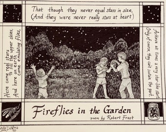 Robert Frost poetry cards- Fireflies in the Garden- 6pack of ivory cards with envelopes, illustrated by LC DeVona