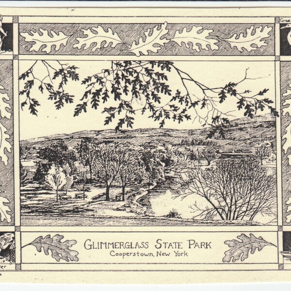 Glimmerglass State Park-This 6-pack of blank, ivory notecards w envelopes features an ink drawing by LC DeVona of Glimmerglass State Park