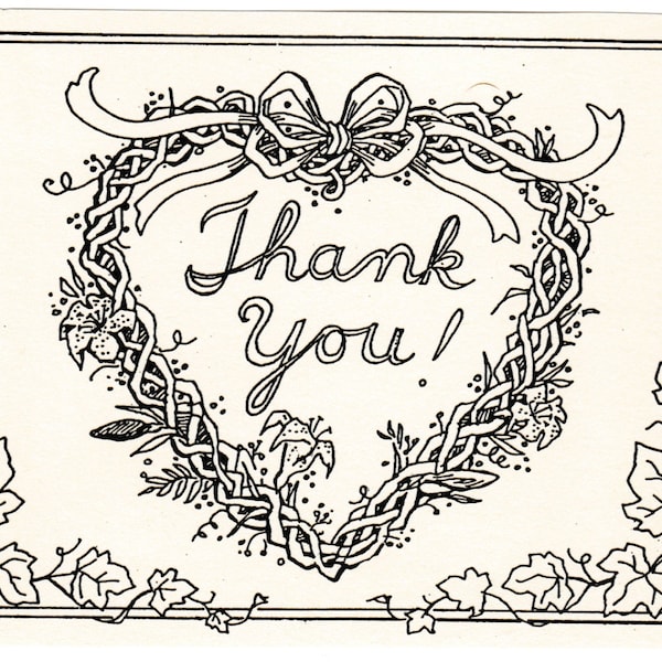 Thank You within grapevine heart wreath- 6-pack of blank, ivory notecards with envelopes drawn and produced by LC DeVona of Afton,NY