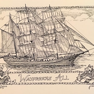 May include: A black and white illustration of a ship with sails, framed by a rope border. The text "Wayfarers All" is below the ship. Two mice are on either side of the text, one holding a book and the other holding a bottle.