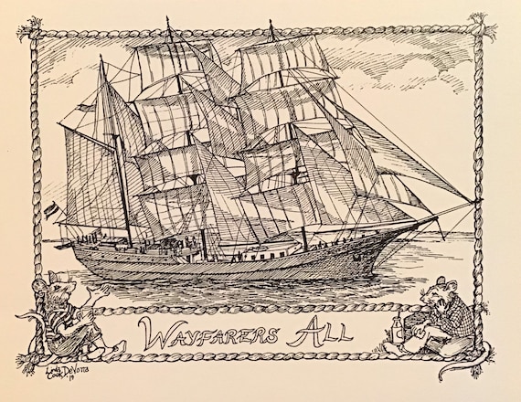 Wayfarers All, 6-pack of pen and ink, ivory cards w envelopes, drawn and printed by LC DeVona based on Chapt 9 of Wind in the Willows