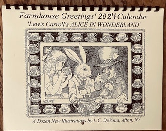 2024 Alice in Wonderland Wall calendar REPRINT drawn, printed, collated and produced by LC DeVona of Farmhouse Greetings