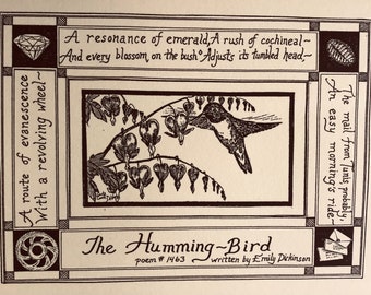 Emily Dickinson ‘s The Humming-Bird: 6-pack of blank, ivory notecards with envelopes drawn by LC DeVona of Farmhouse Greetings