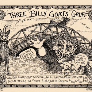 Three Billy Goats Gruff: 6-pack of blank, ivory notecards with envelopes drawn by LC DeVona of Afton, NY, suitable for coloring