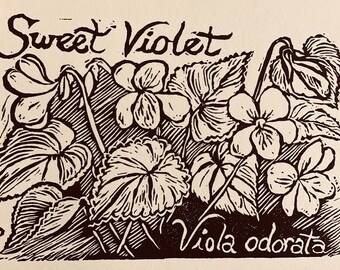 Sweet Violet: 6-pack of blank, ivory notecards with envelopes designed, carved and printed by LC DeVona of Farmhouse Greetings