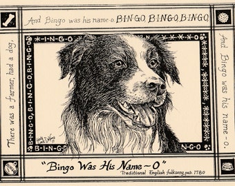 B-I-N-G-O was his Name-O:6pack of blank, ivory cards with envelopes drawn by LC DeVona of FarmhouseGreetings for her illustrated song series