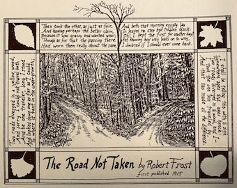 The Road Not Taken by Robert Frost: 6-pack of blank, ivory notecards with envelopes illustrated by LC DeVona of Farmhouse Greetings