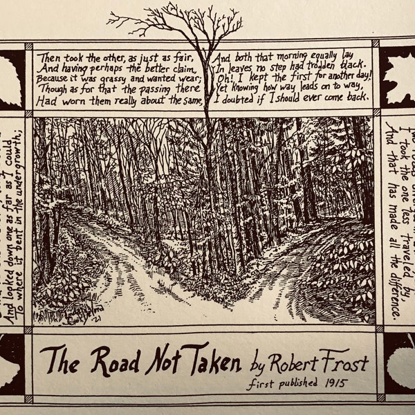 The Road Not Taken by Robert Frost: 6-pack of blank, ivory notecards with envelopes illustrated by LC DeVona of Farmhouse Greetings