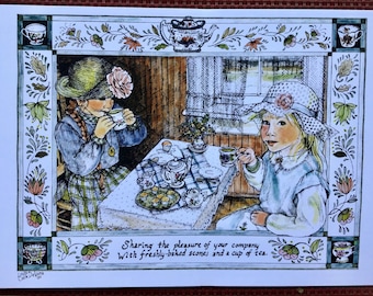 Tea time- set of 4- 4”x6” colored postcards/prints on heavy white cardstock of two young girls having a tea party, illustrated by LC DeVona