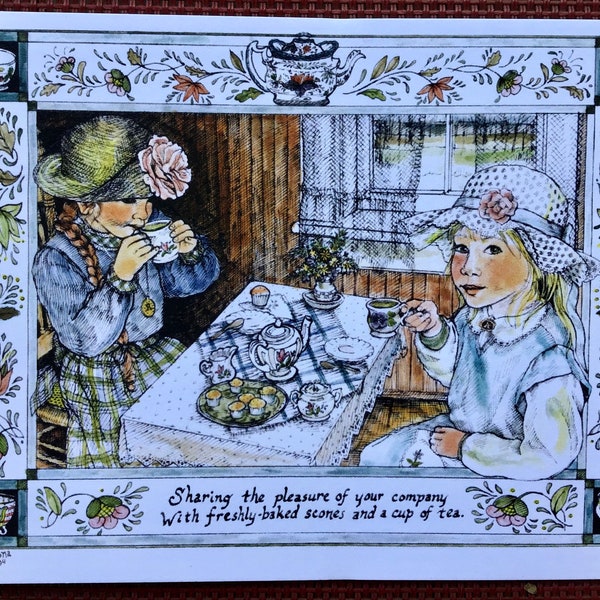 Tea time- set of 4- 4”x6” colored postcards/prints on heavy white cardstock of two young girls having a tea party, illustrated by LC DeVona