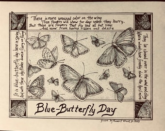 Robert Frost’s Blue-Butterfly Day : 6-pack of ivory notecards with envelopes drawn by LC DeVona