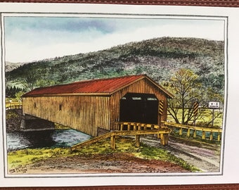 Hamden Covered Bridge - set of 4 colored postcards or miniprints of Hamden Covered Bridge drawn by L C DeVona