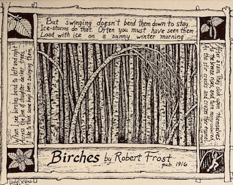 Birches by Robert Frost: 6-pack of blank, ivory notecards with envelopes illustrated by LC DeVona of Farmhouse Greetings