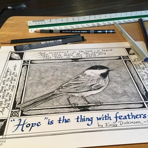 Hope is the Thing with Feathers six-pack of Emily Dickinson poetry notecards on ivory coverstock, illustrated by LC DeVona image 3