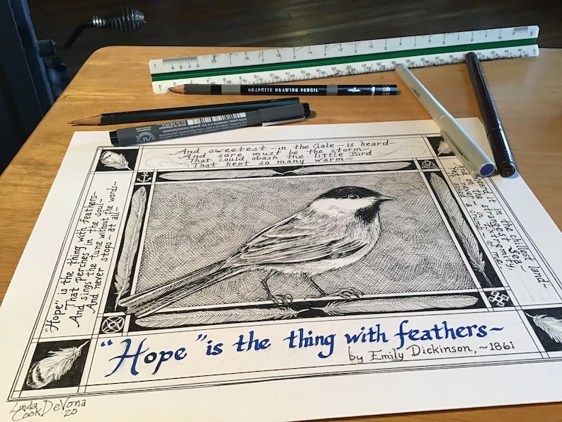Hope is the Thing with Feathers six-pack of Emily Dickinson poetry notecards on ivory coverstock, illustrated by LC DeVona image 3