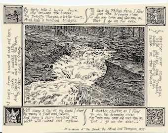 The Brook poem: 6-pack of blank, ivory notecards w envelopes with drawing of a brook by LC DeVona bordered by 1st 6 verses of Tennyson poem