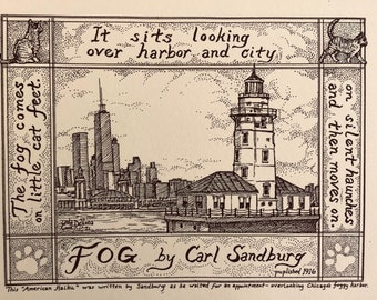 Fog by Carl Sandburg: 6-pack of blank, ivory notecards with envelopes,  illustrated by LC DeVona of Farmhouse Greetings