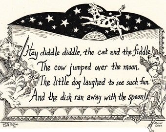 Hey Diddle, Diddle Illustrated verse: 6-pack of blank, ivory notecards w env of LC DeVona ink illustratration of a popular nursery rhyme
